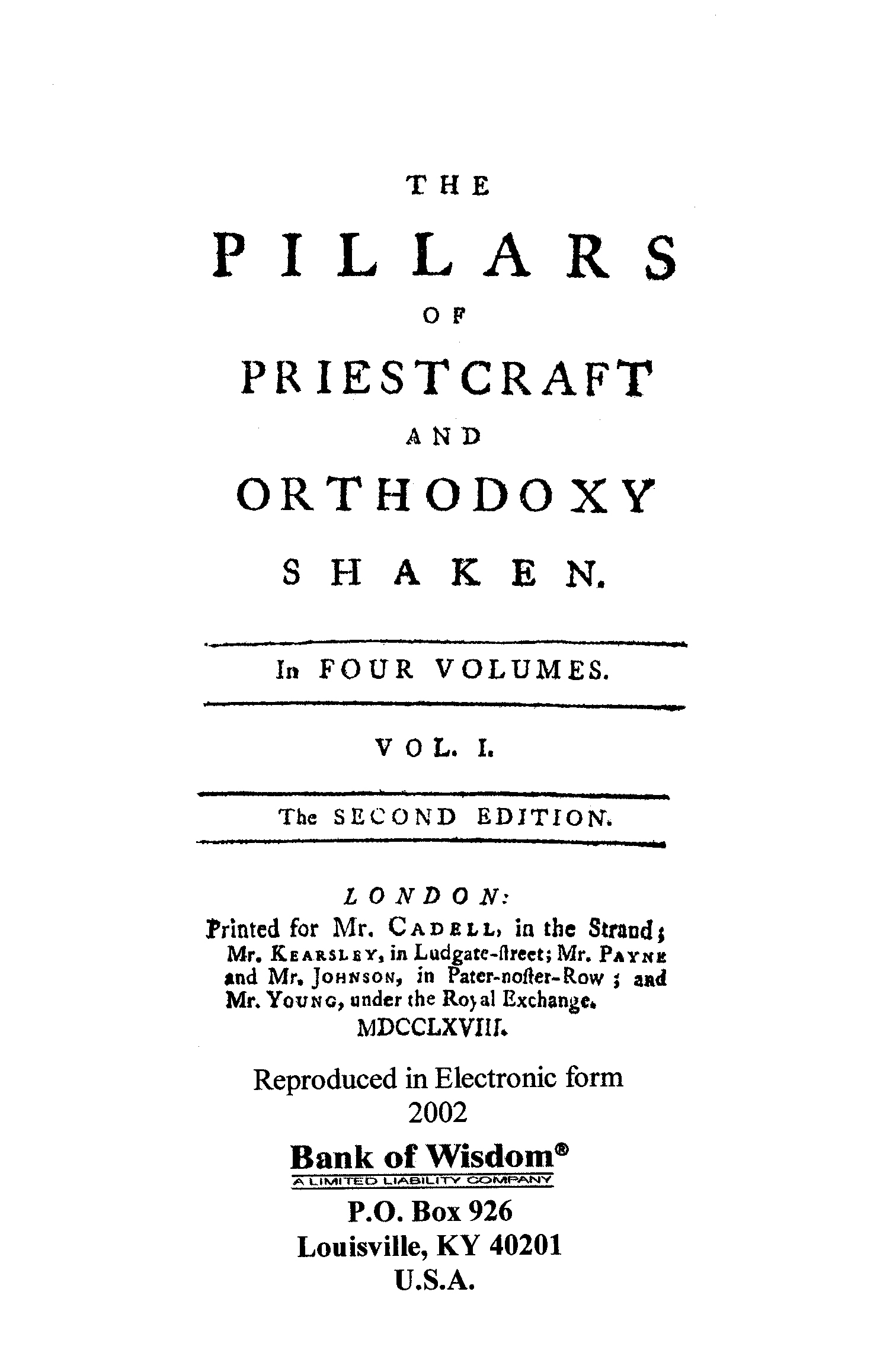 (image for) The Pillars of Priest Craft and Othodoxy Shaken, Vol. 1 of 4 Vol - Click Image to Close